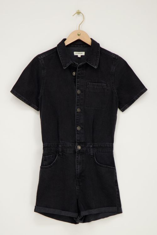 Zwarte denim playsuit met borstzak