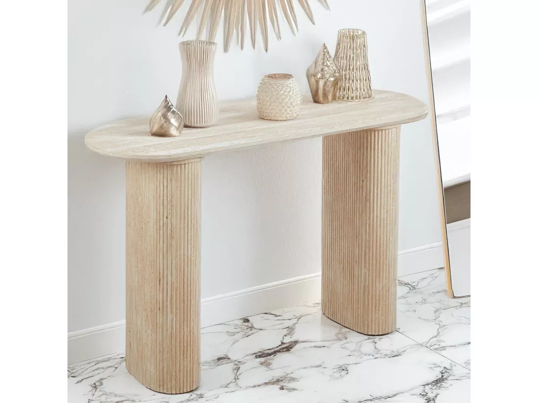 Console moderne 40x120cm avec pieds style colonnes Gwendoline Effet travertin Beige