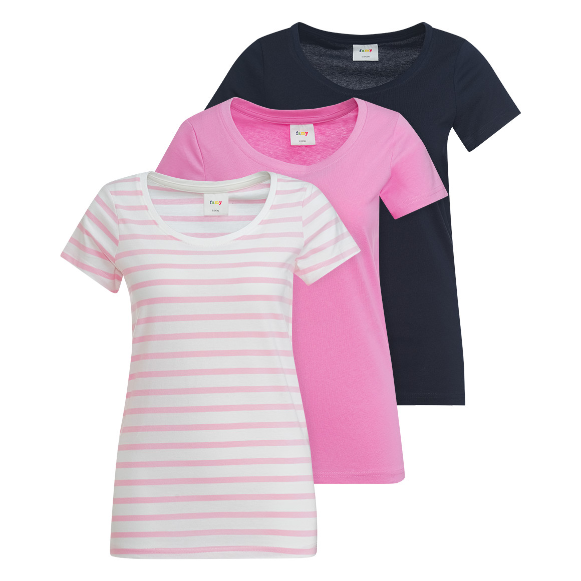 Famy 3 Damen T-Shirts im Basic-Look rosa / dunkelblau / hellrosa