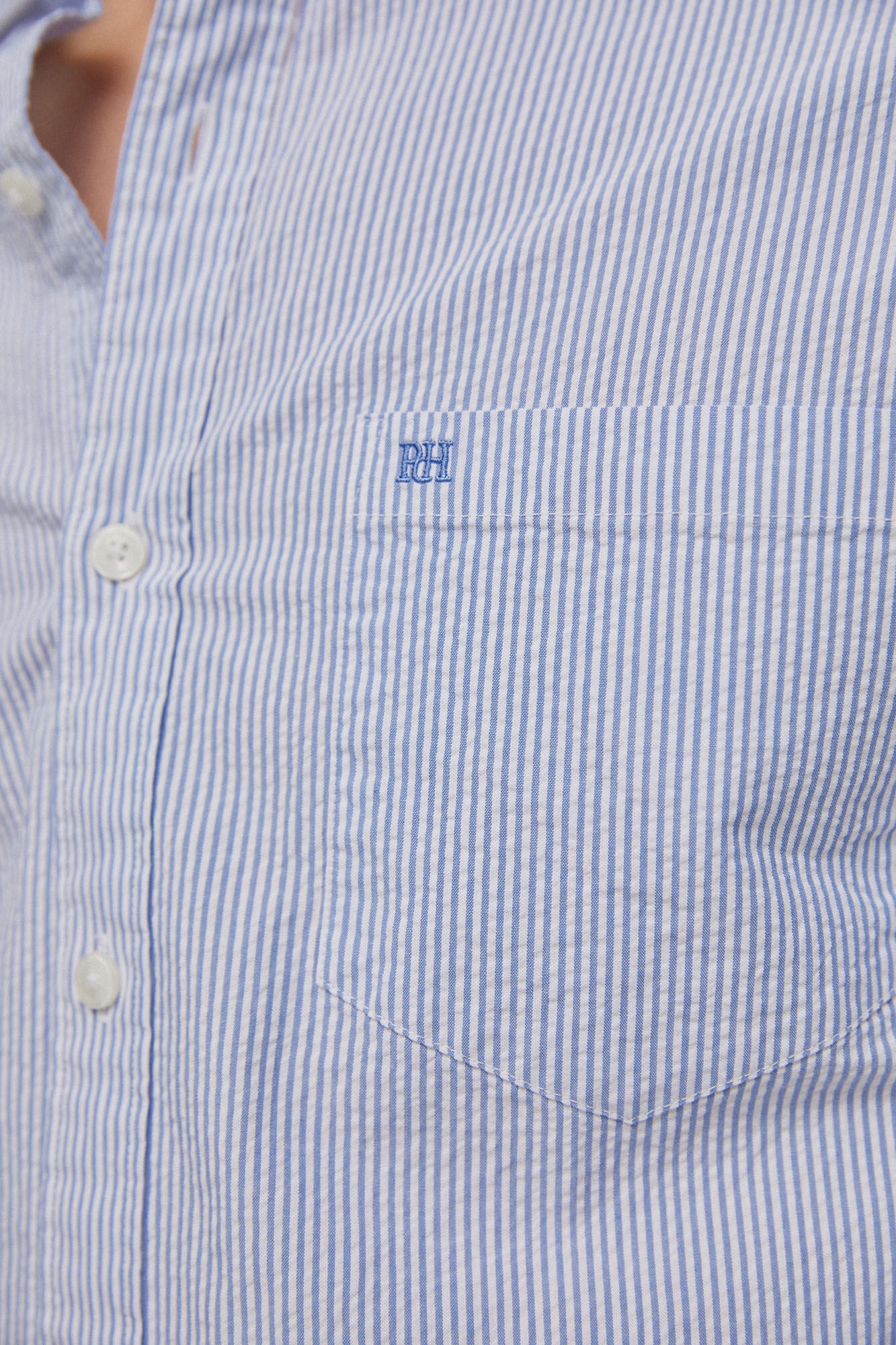 Camisa de manga comprida listrada em tecido seersucker - Azul