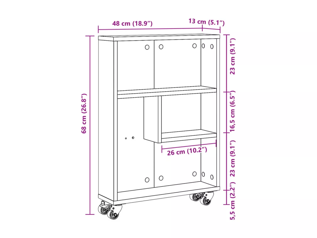 Chariot de rangement étroit blanc 48x13x68 cm bois d'ingénierie