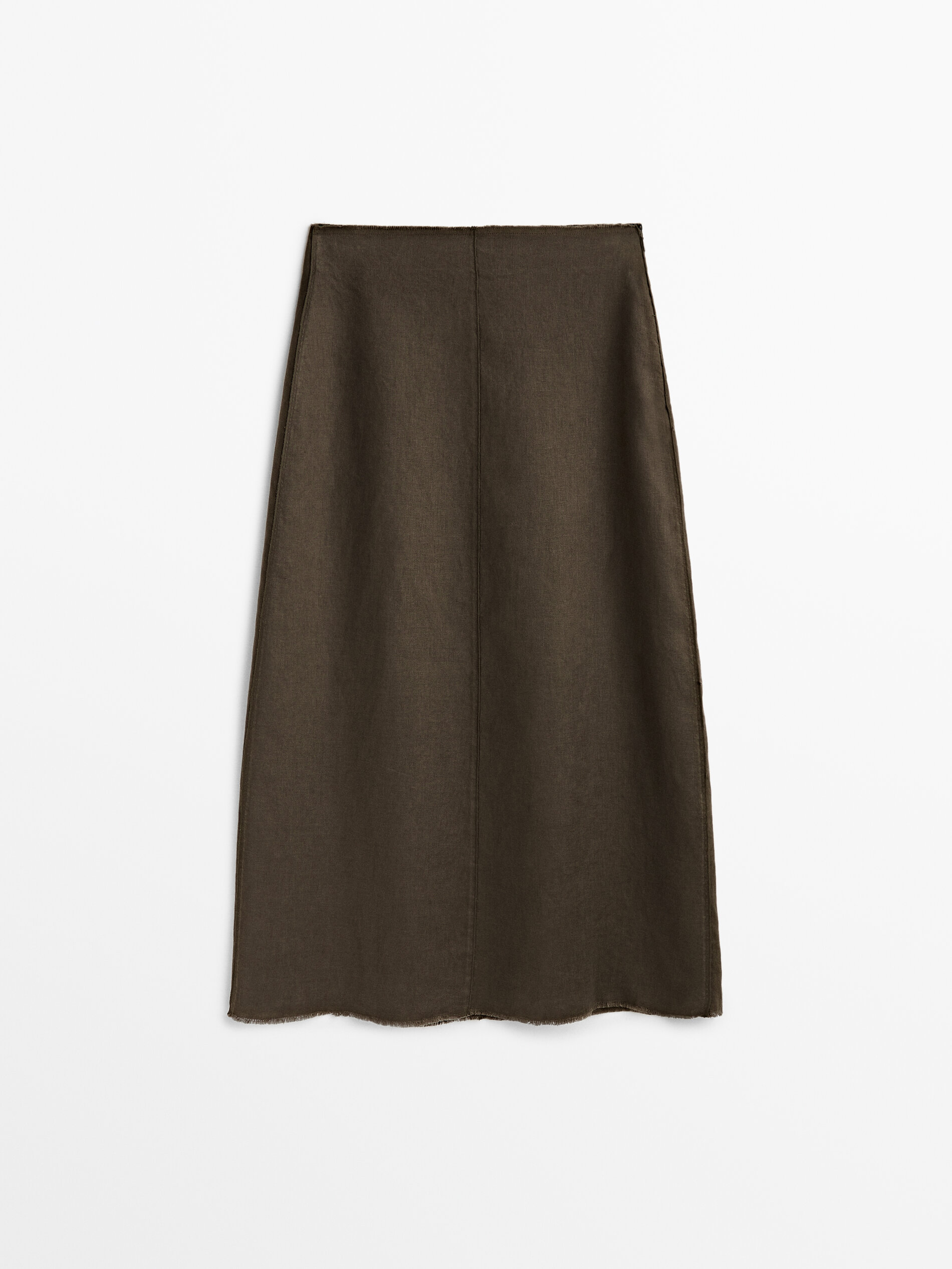 Saia midi de linho com detalhes de costura - CAQUI