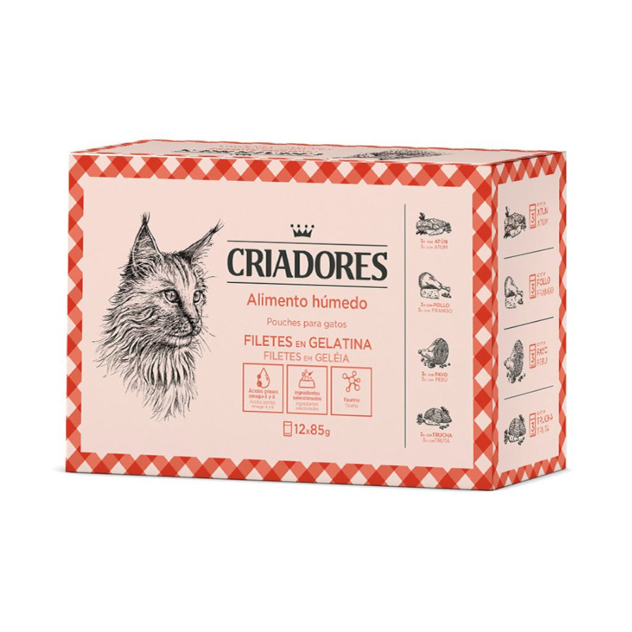 Sachês de carne e peixe em gelatina para gatos da marca Breeders – Pacote com 12 unidades