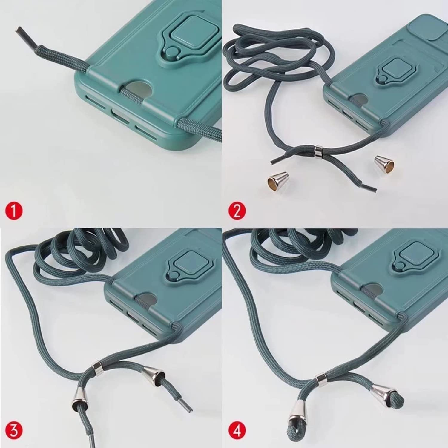 iPhone 12 / iPhone 12 Pro Necklace Leder Hülle mit Kartenfach   Kickstand Haltering   Handykette (140cm)   Cam-Slider Kameraschutz - Grün