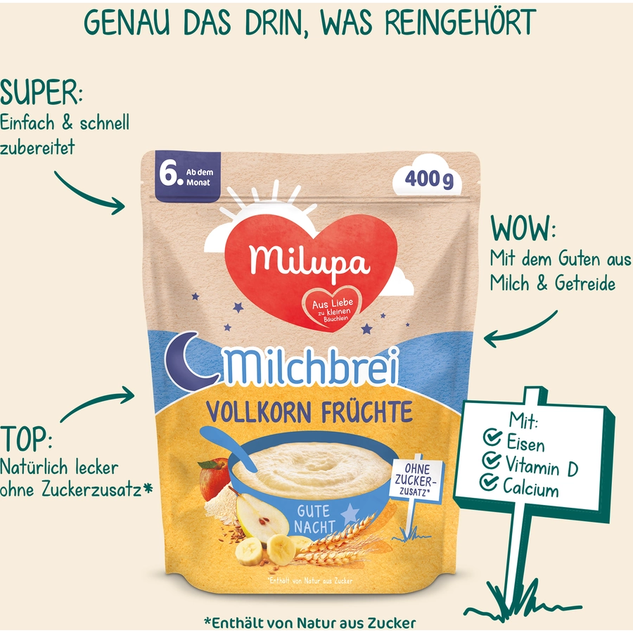 Milupa Milchbrei Vollkorn Früchte Gute Nacht 4 x 400 g ab dem 6. Monat