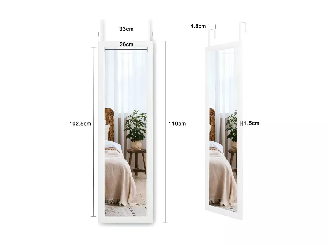 Miroir Porte Mural Suspendu 110x33cm,Miroir Pleine Longueur en Verre Trempé avec 2 Crochets de Suspension pour Porte,Hauteur Réglable - Blanc