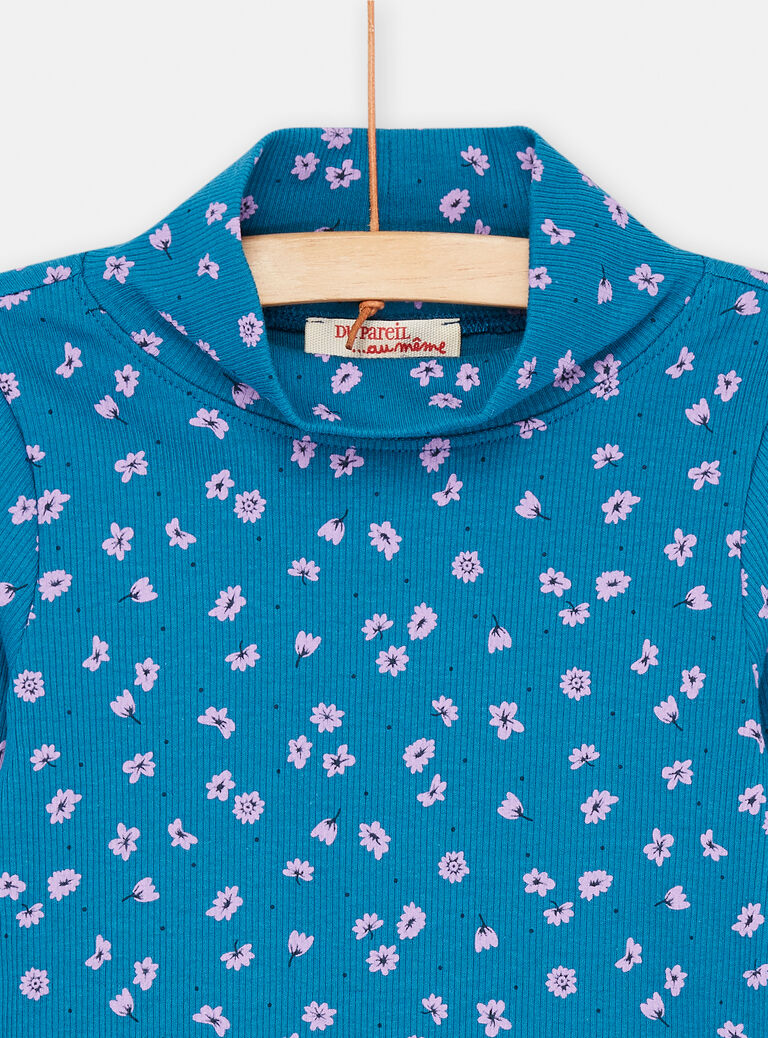 Sous-pull bleu pétrole à imprimé fleuri pour fille