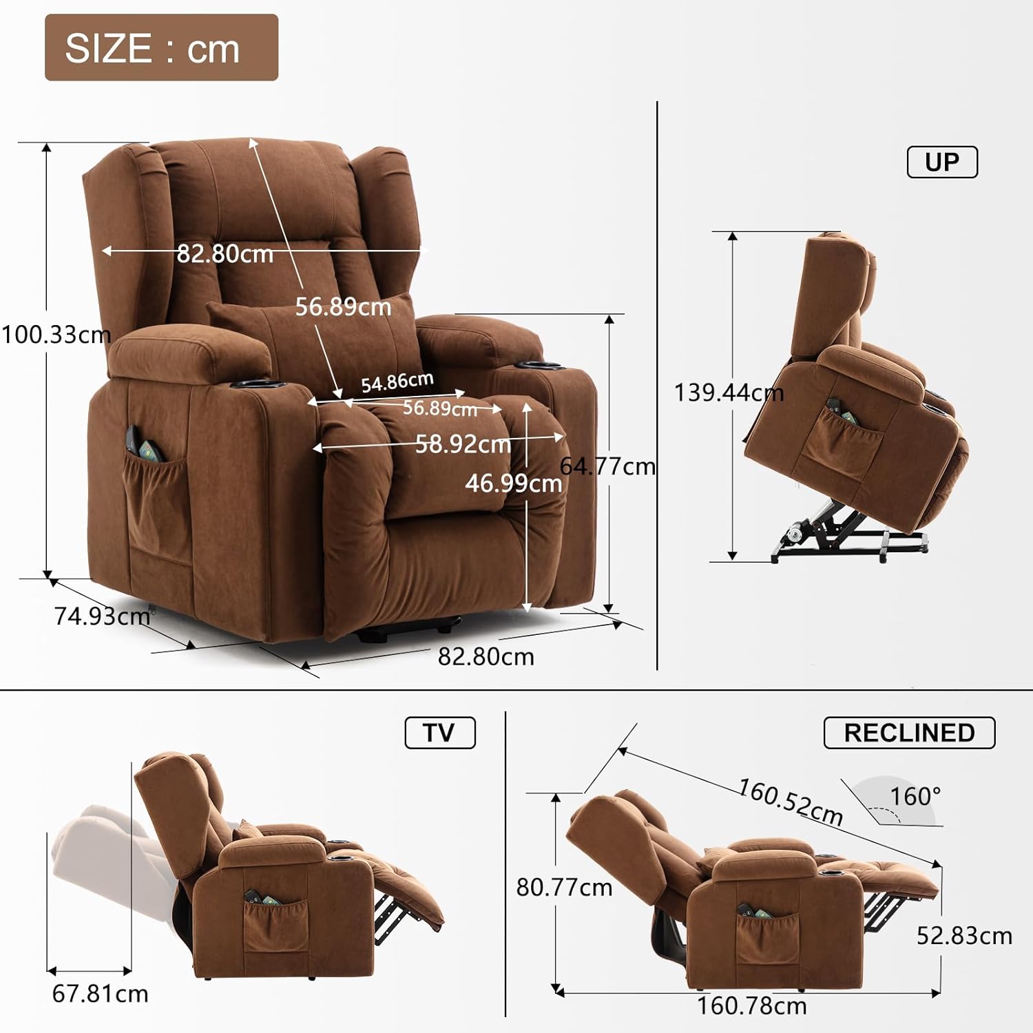 COMHOMA Elektrischer Relaxsessel, Wohnzimmer, Massage, TV, neigbar, Vibration, Stehfunktion, verstellbare Rückenlehne mit Fußstütze und Getränkehalter, brauner Stoff