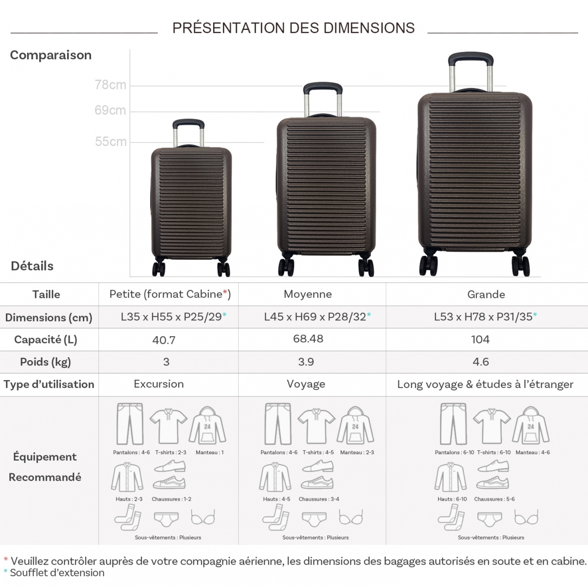 David Jones Lot 3 valises rigides extensibles dont 1 cabine David Jones TSA