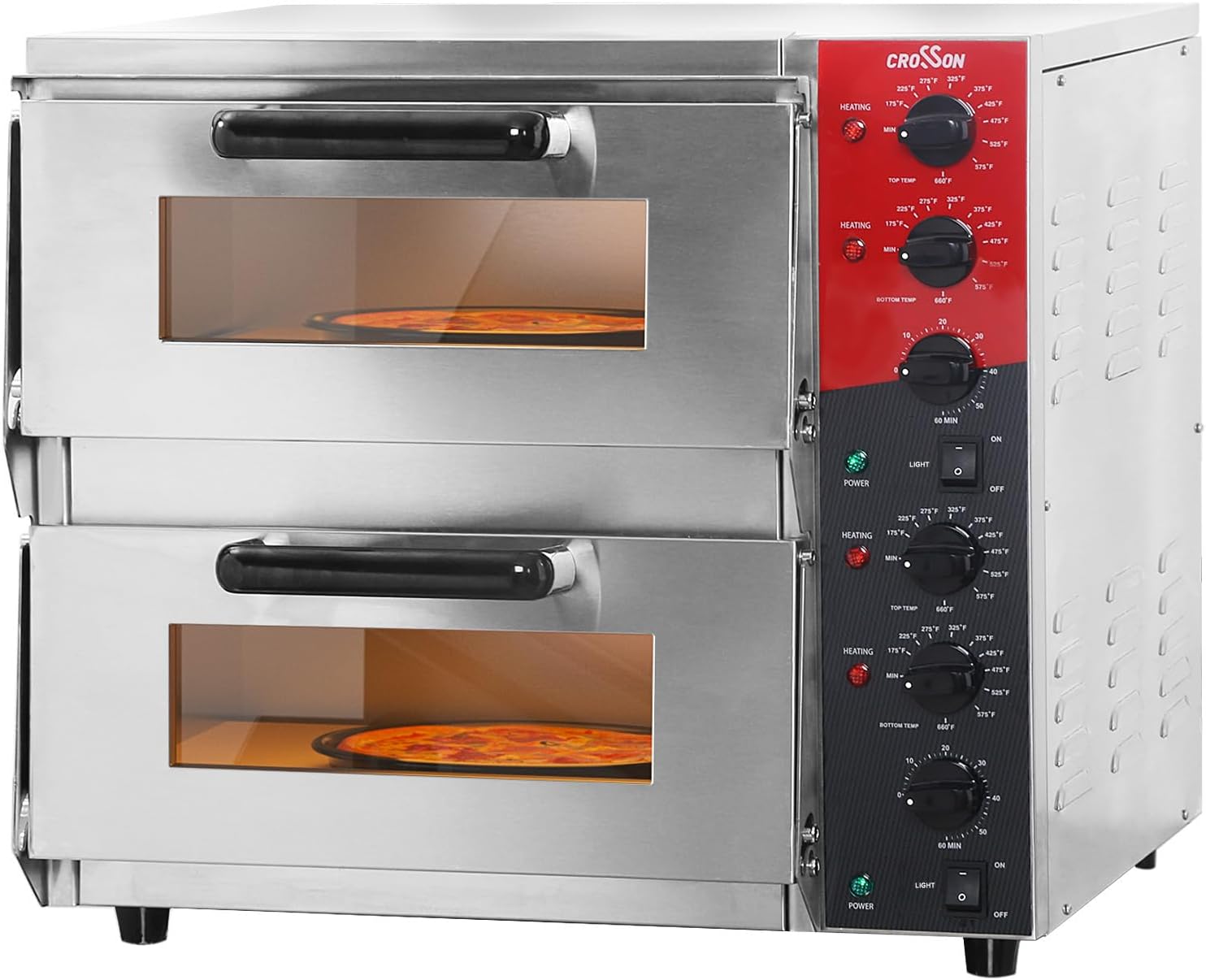 CROSSON Professional Doppel Pizzaofen 4000W,Kommerzieller Pizzabackofen Elektrisch Edelstahl mit 30-Minuten-Timer 350℃ Gastro Steinbackofen für Pizza, Brot und Backwaren