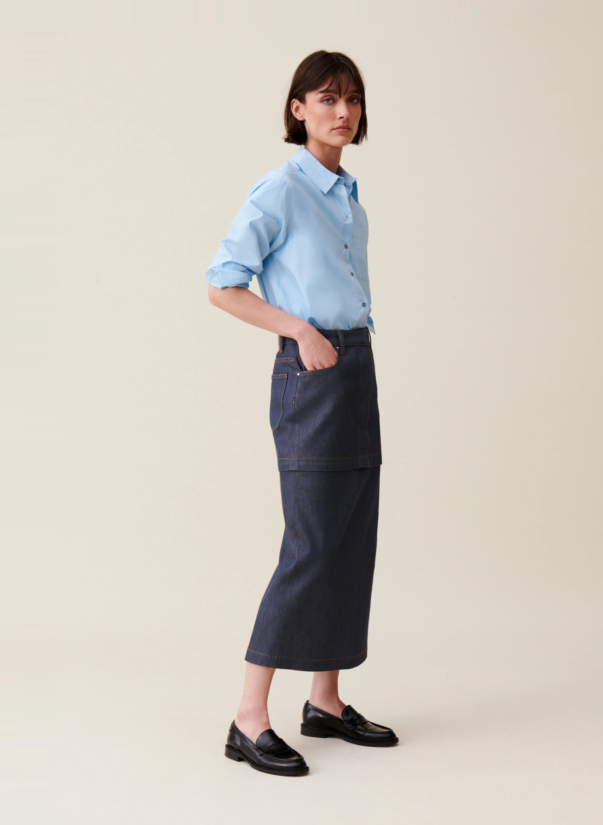 Jupe denim zippée en coton mélangé | Bleu