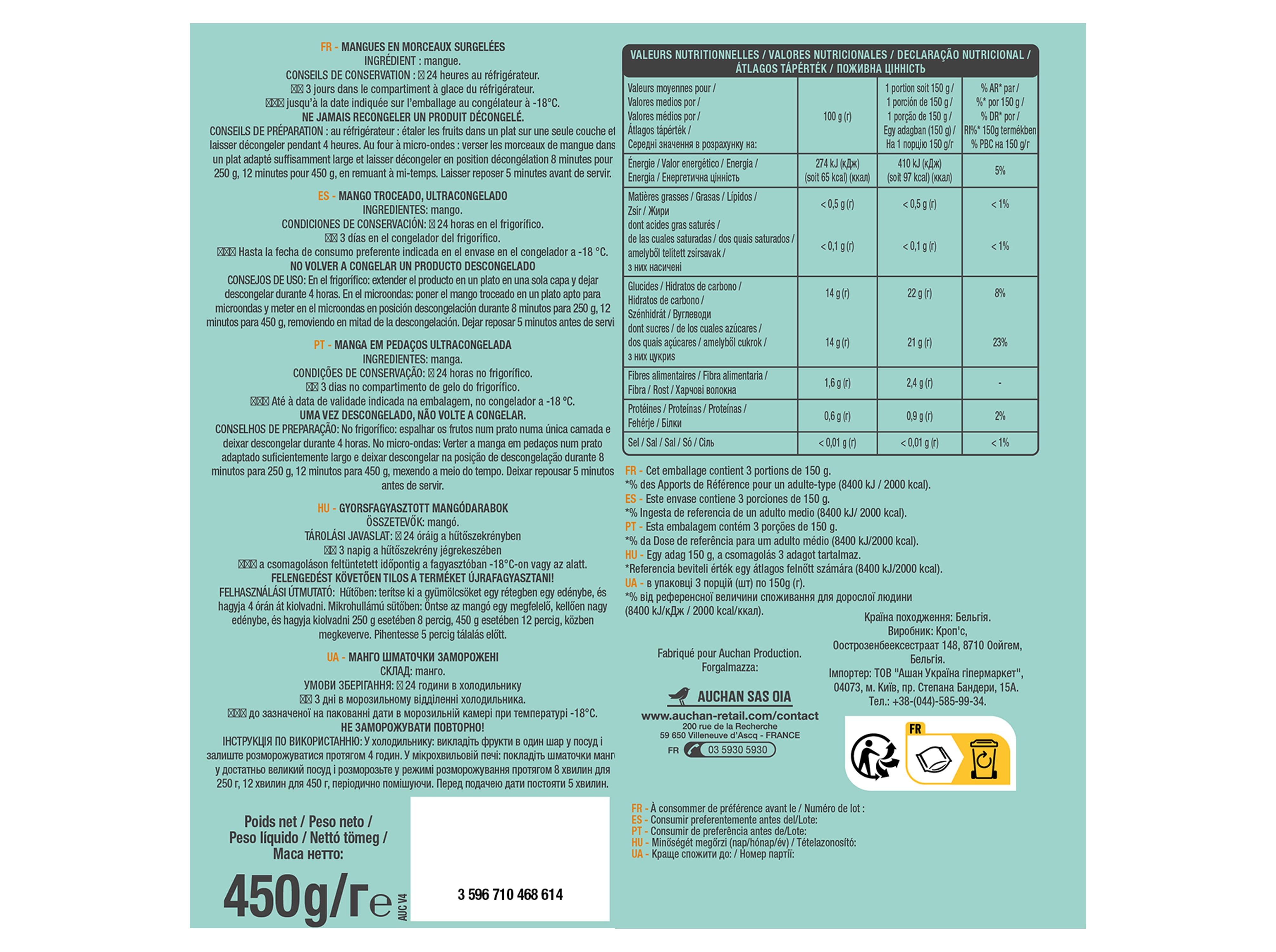 MANGA AUCHAN EM PEDAÇOS ULTRACONGELADA 450G