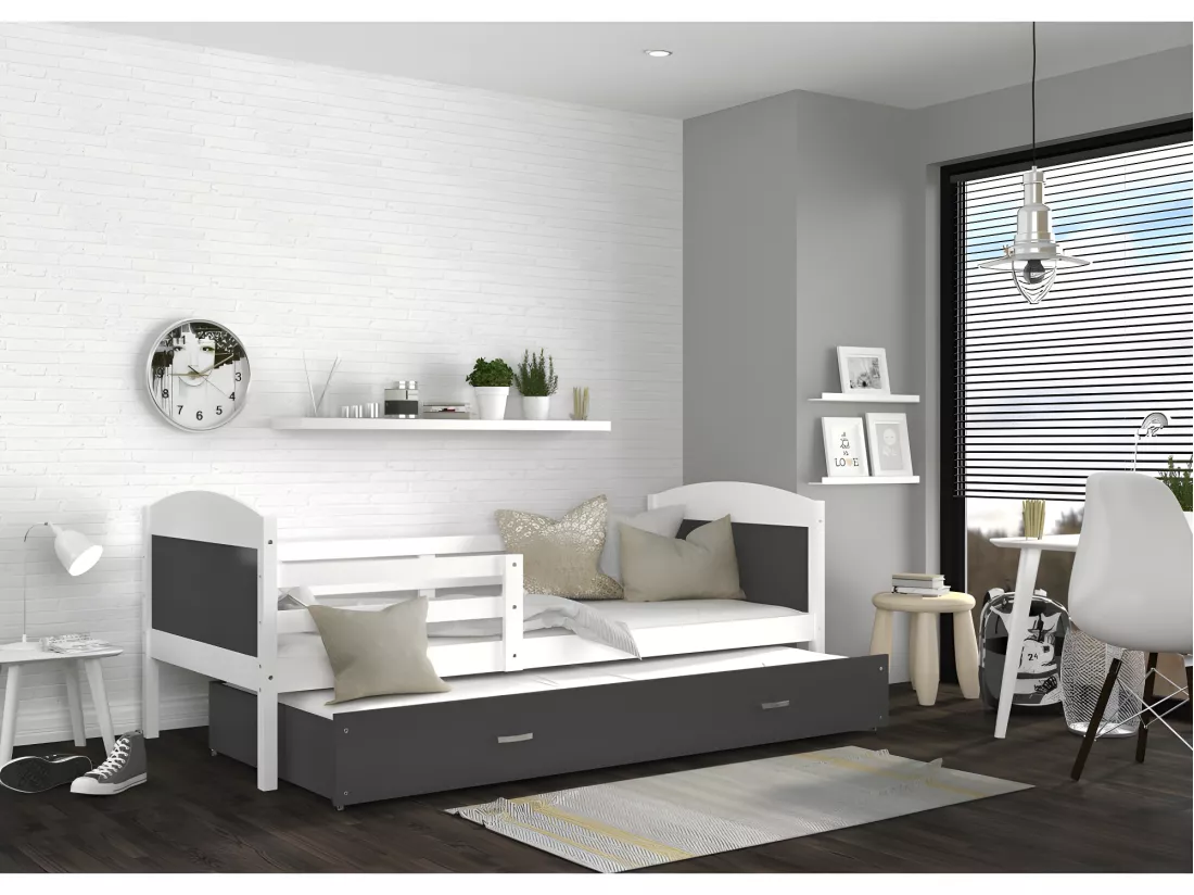 Lit Gigogne Mateo 90x190 Blanc - gris Livré avec sommiers, tiroir et matelas en mousse de 7cm