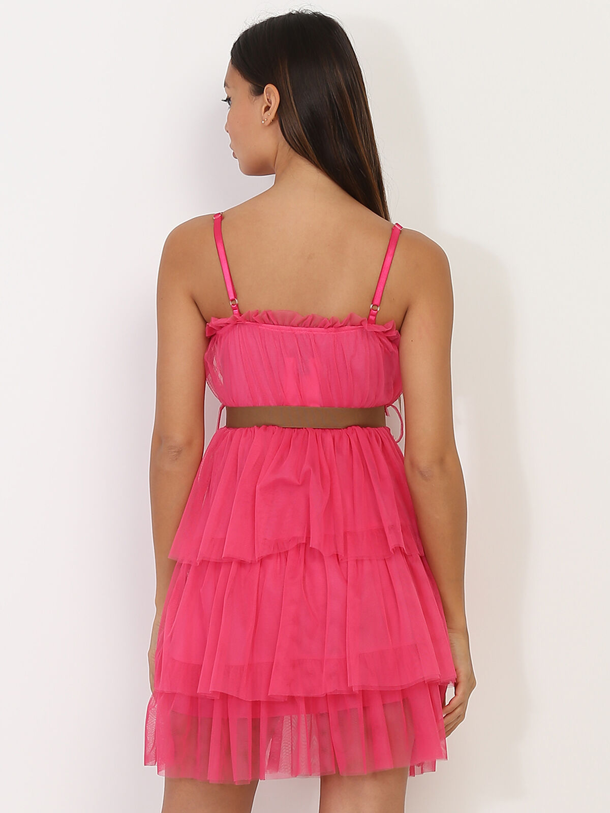 Robe ceinturée à volants en tulle- Fuchsia