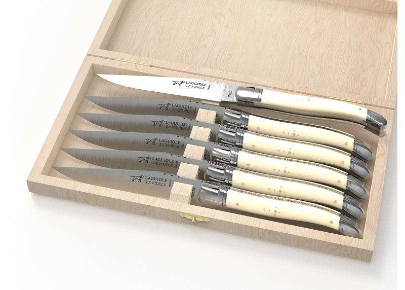 Service de 6 couteaux Laguiole avec un manche en os de bovin et mitres en acier inoxydable