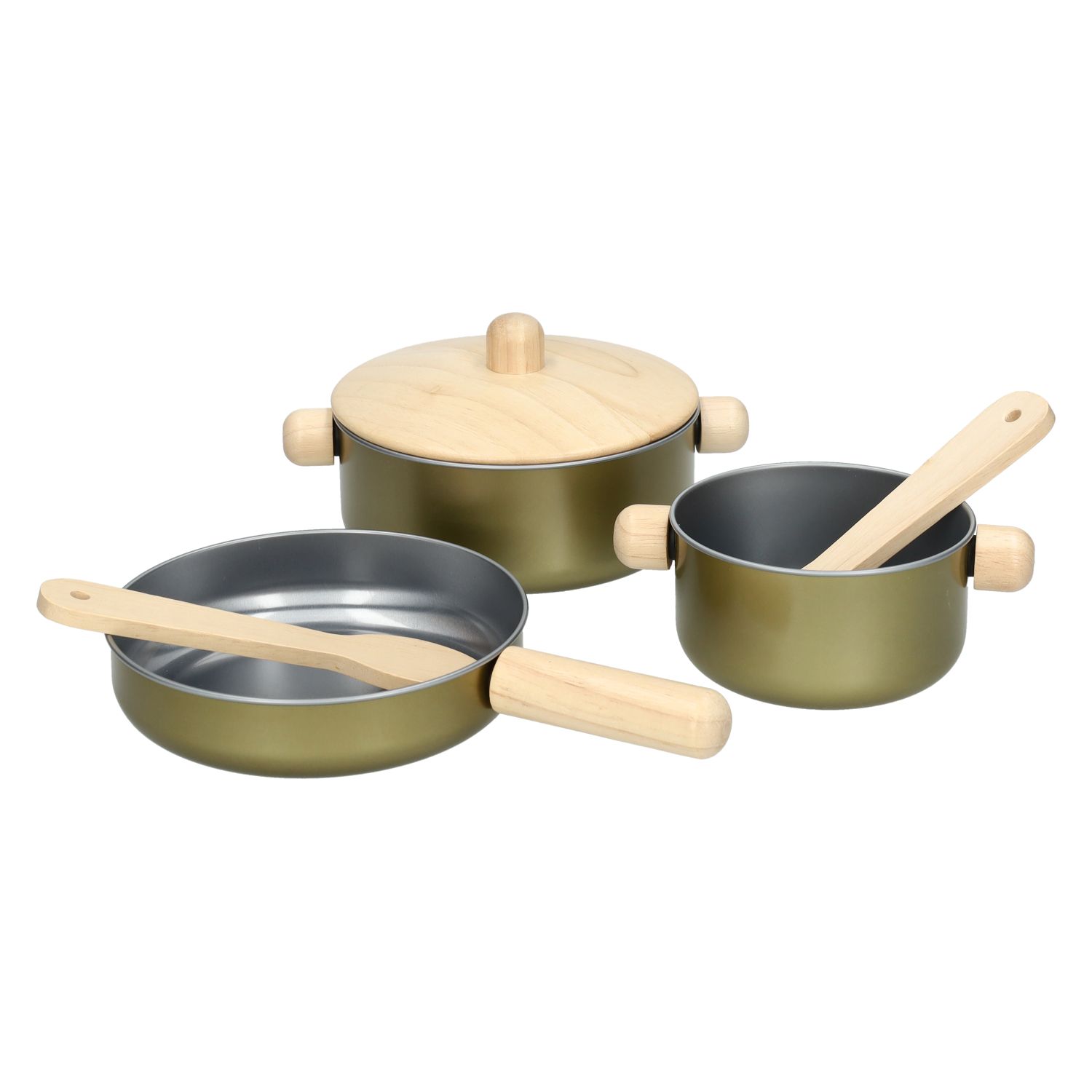 Pannenset, metaal en rubberhout, 2+