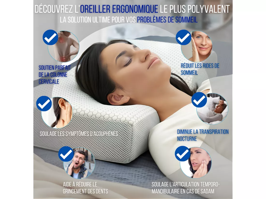Oreiller Ergonomique Anti-Rides, Anti-Acouphène - Extra Grande - 65x42x10 - ERGO