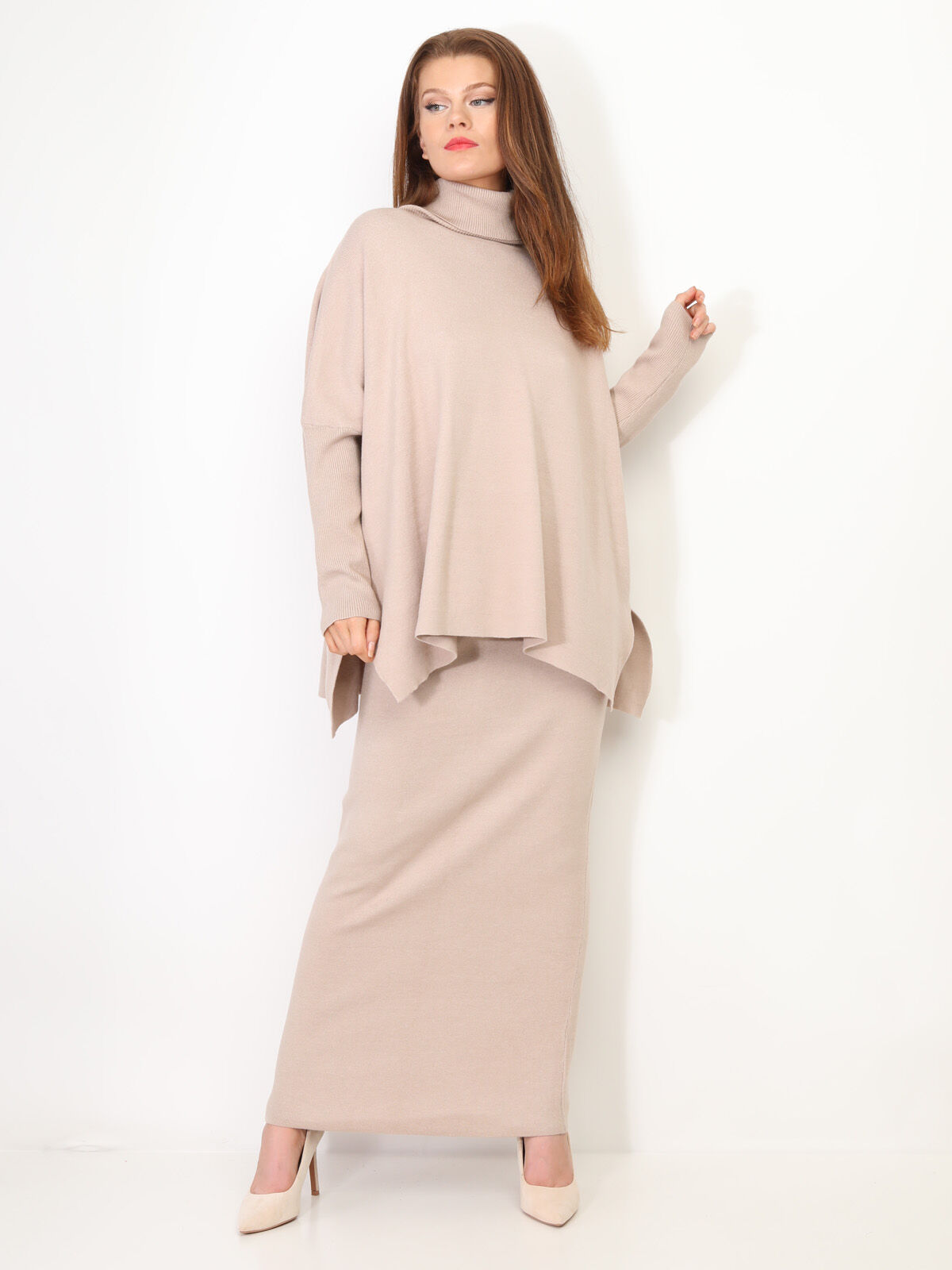 Ensemble maille jupe longue et col roulé- Beige