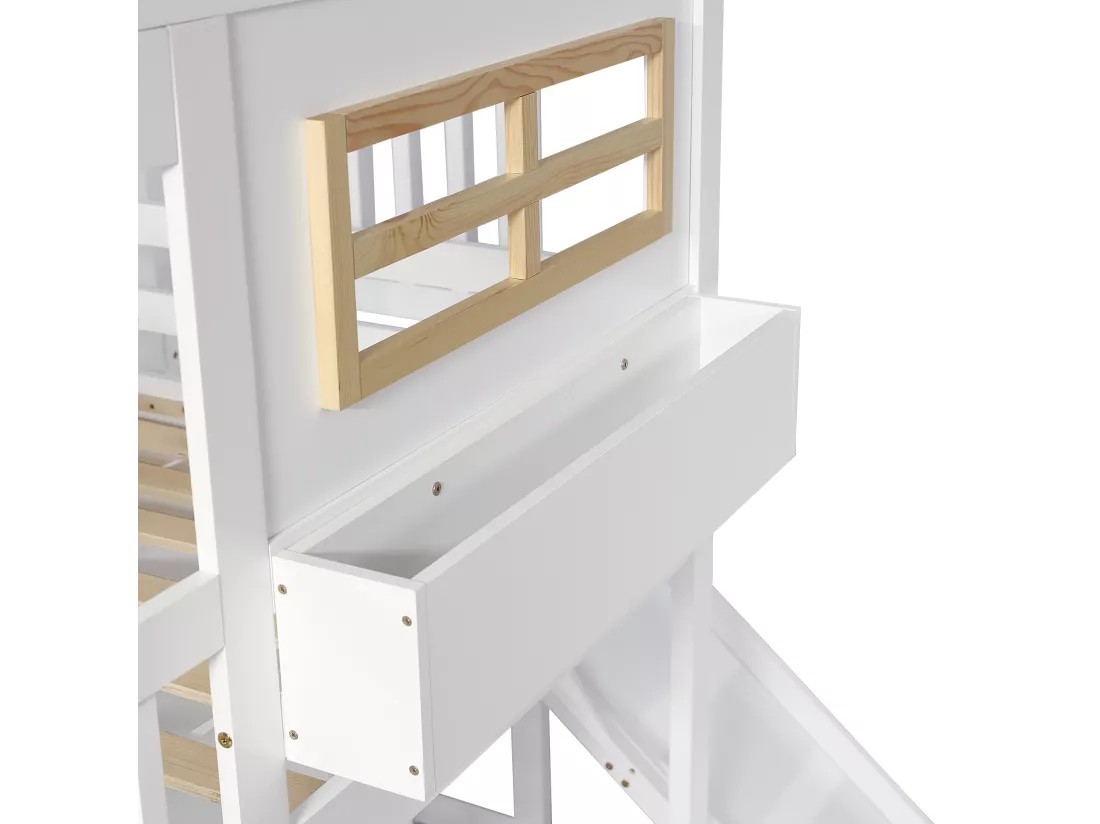Lit mezzanine en bois et MDF - 90x200 cm - avec étagères、armoire et toboggan - Blanc