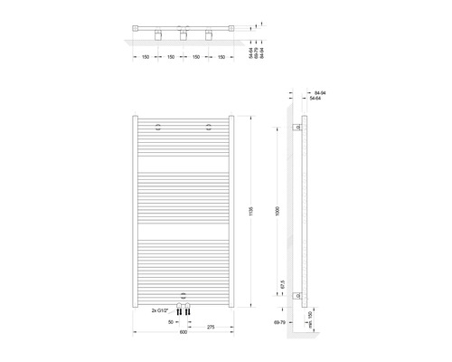 SCHULTE Turbo badkamerradiator 1135x600 mm alpinewit met middenaansluiting
