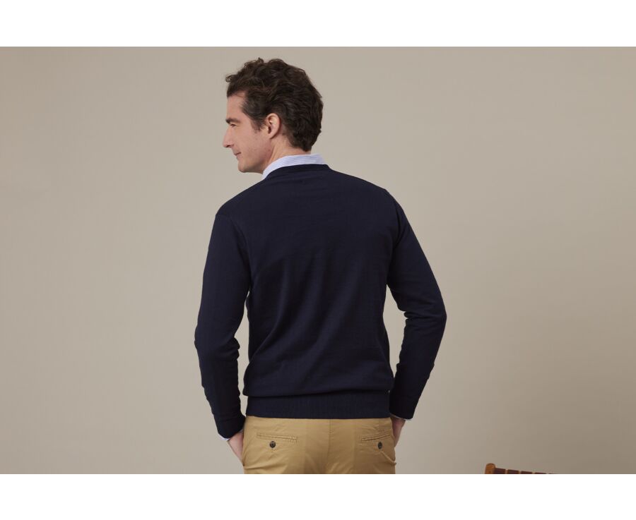 Pull fin homme col V coton bio/cachemire Navy - VALTON