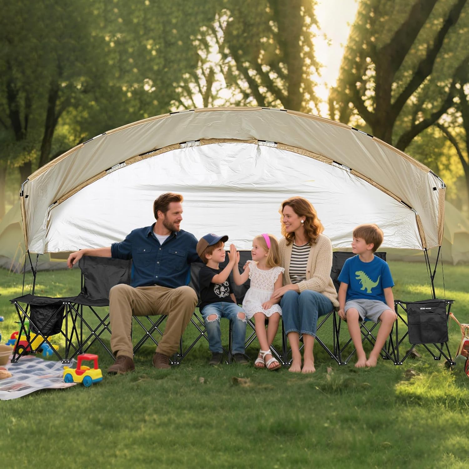 VEVOR tragbare Mannschaftsbank Sitzbank Campingbank (6 Personen) mit Seitentaschen & Tragetasche & Sonnenschutzdach, Klappbank mit Rückenlehne, Seitenbank für Fußball Baseball Outdoor Schwarz