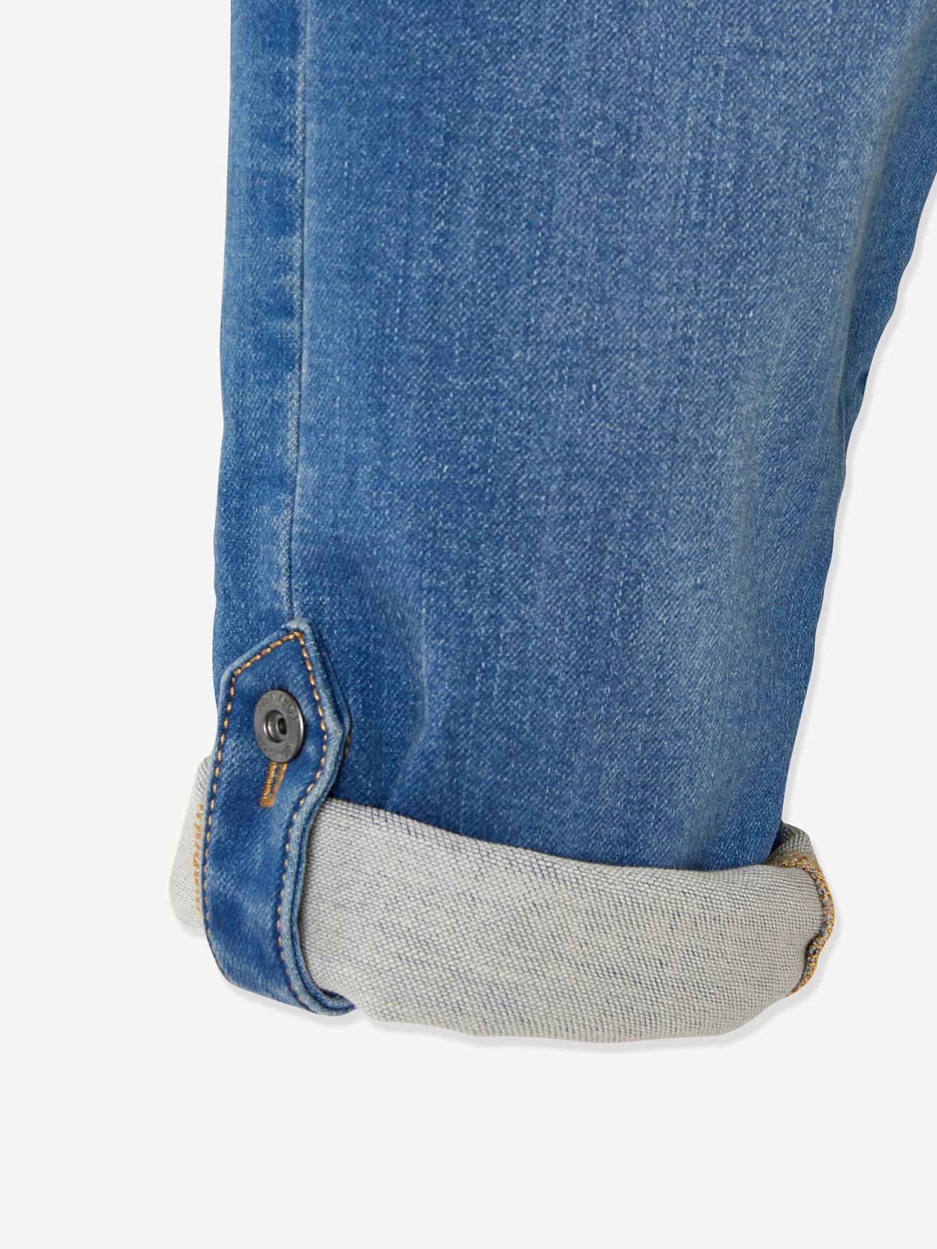Calças curtas de moletom azul-escuro lavado para meninos, com efeito jeans, mangas que podem ser dobradas como bermudas.
