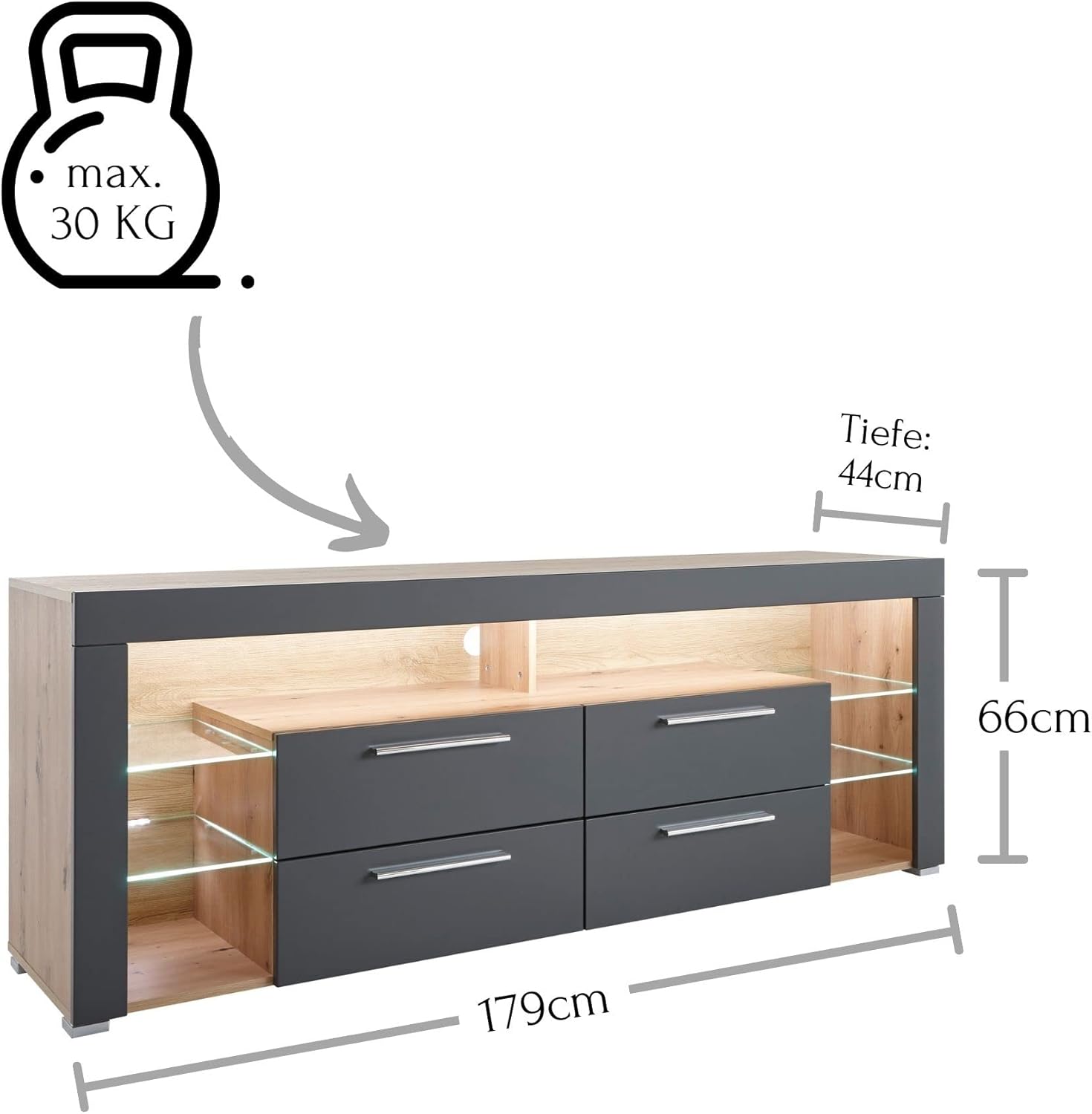 GOAL TV-Lowboard in Artisan Eiche Optik, Grau mit LED-Beleuchtung - hochwertiges TV-Board mit viel Stauraum für Ihr Wohnzimmer - 179 x 66 x 44 cm (B/H/T)