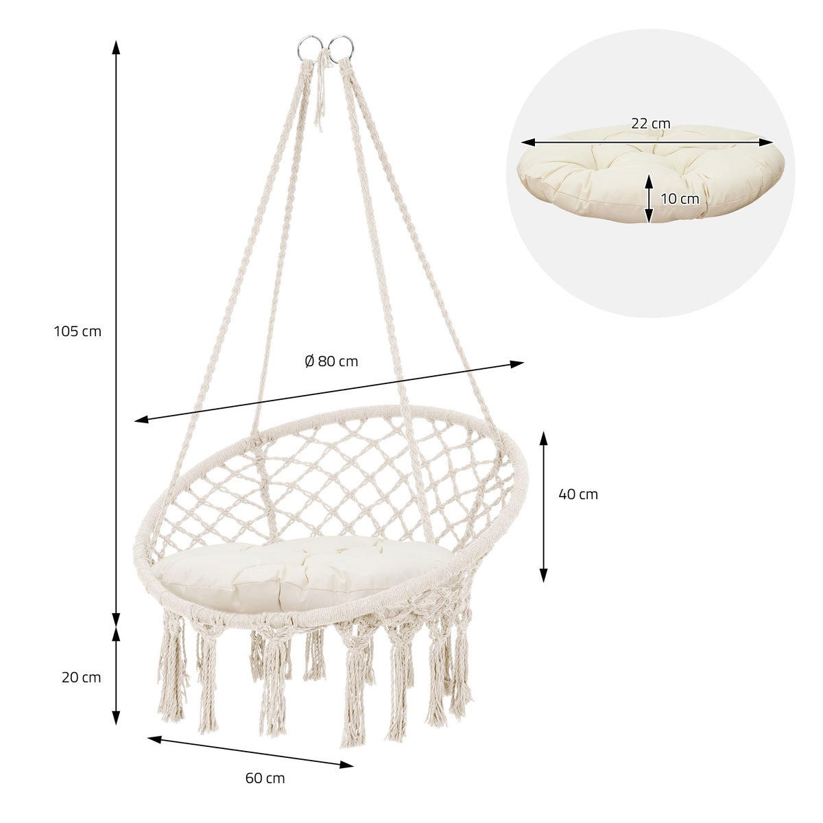 ECD Germany Hangstoel met zitkussen, beige, boho-stijl, macramémotief, katoen, Ø 60 cm, draagvermogen tot 120 kg, hangstoel met gevlochten franjes, hangstoel, hangende schommel, binnen/buiten