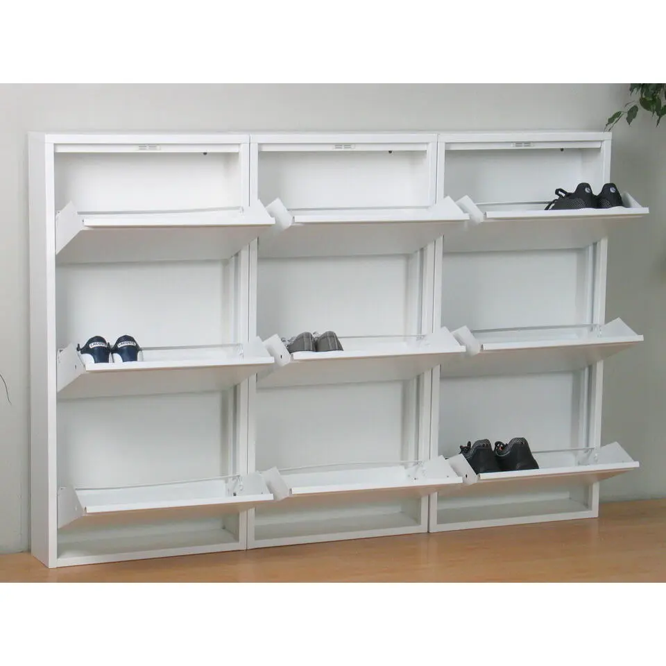Hioshop Pisa schoenenkast wit metaal met 3 vakken - set van 3