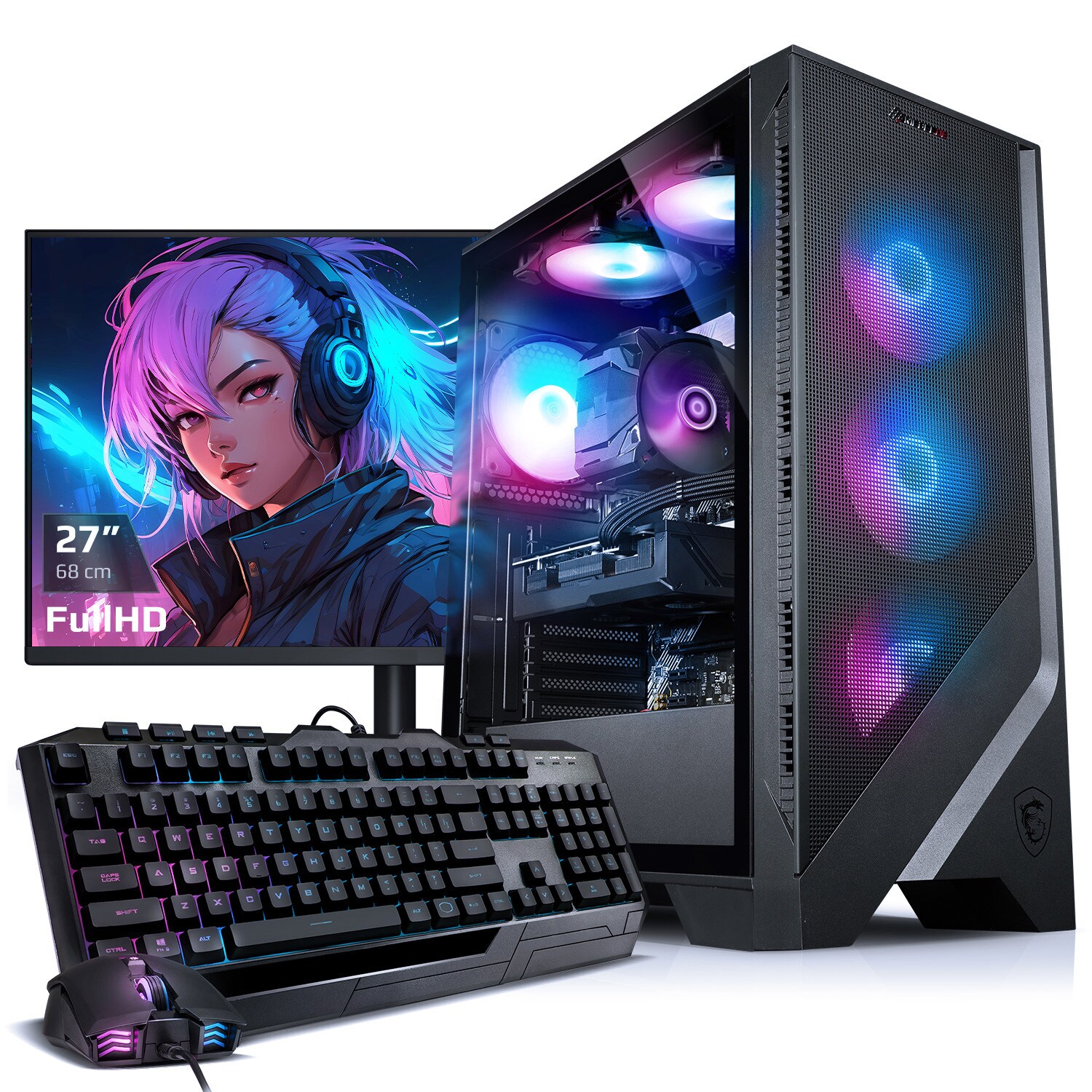 PC Set Gaming mit 27 Zoll TFT Total V AMD Ryzen 7 5700X, 16GB DDR4, NVIDIA RTX 4060 8 GB, 1TB SSD, WLAN, Windows 11