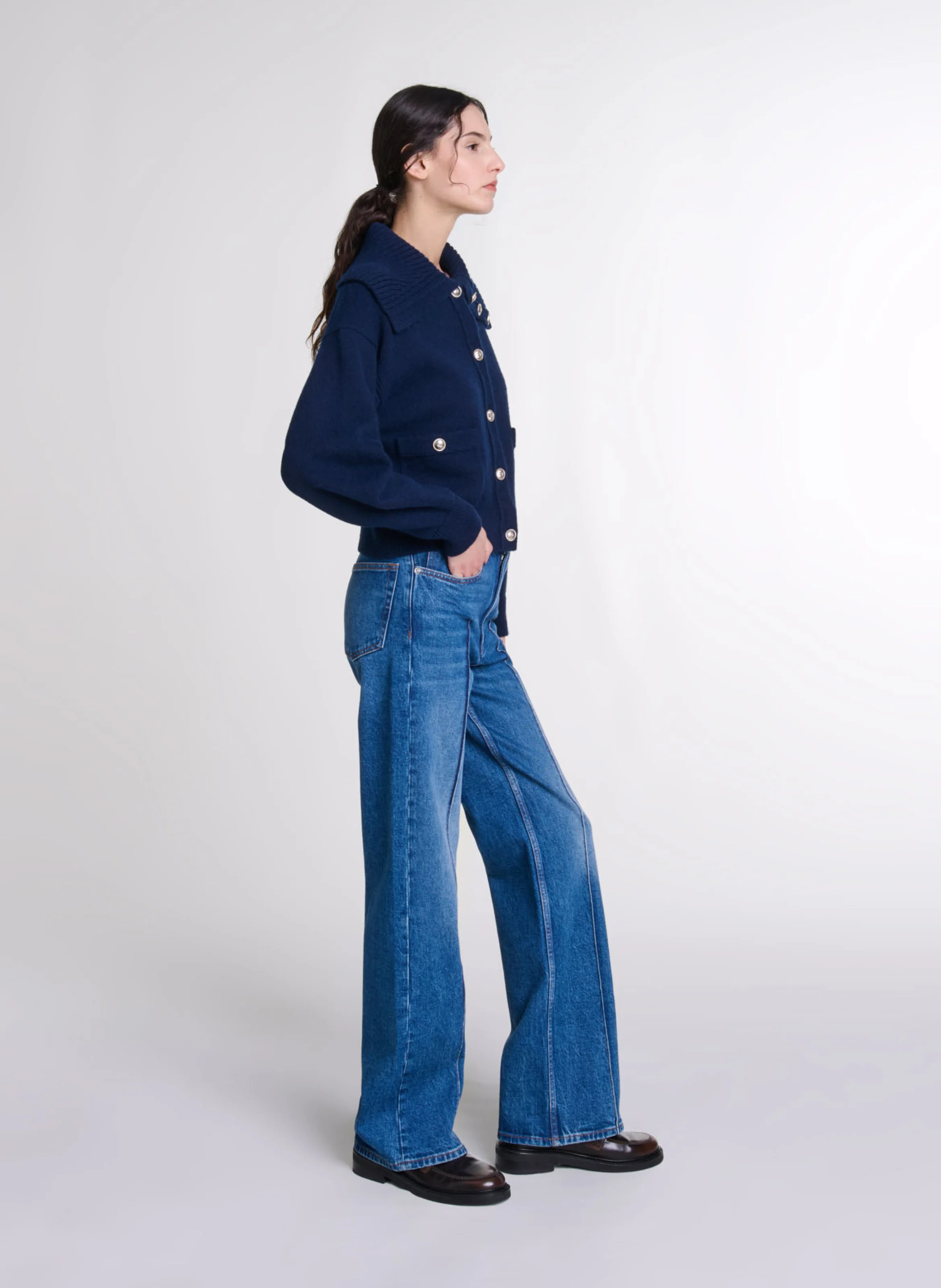 Cardigan droit col vareuse | Bleu