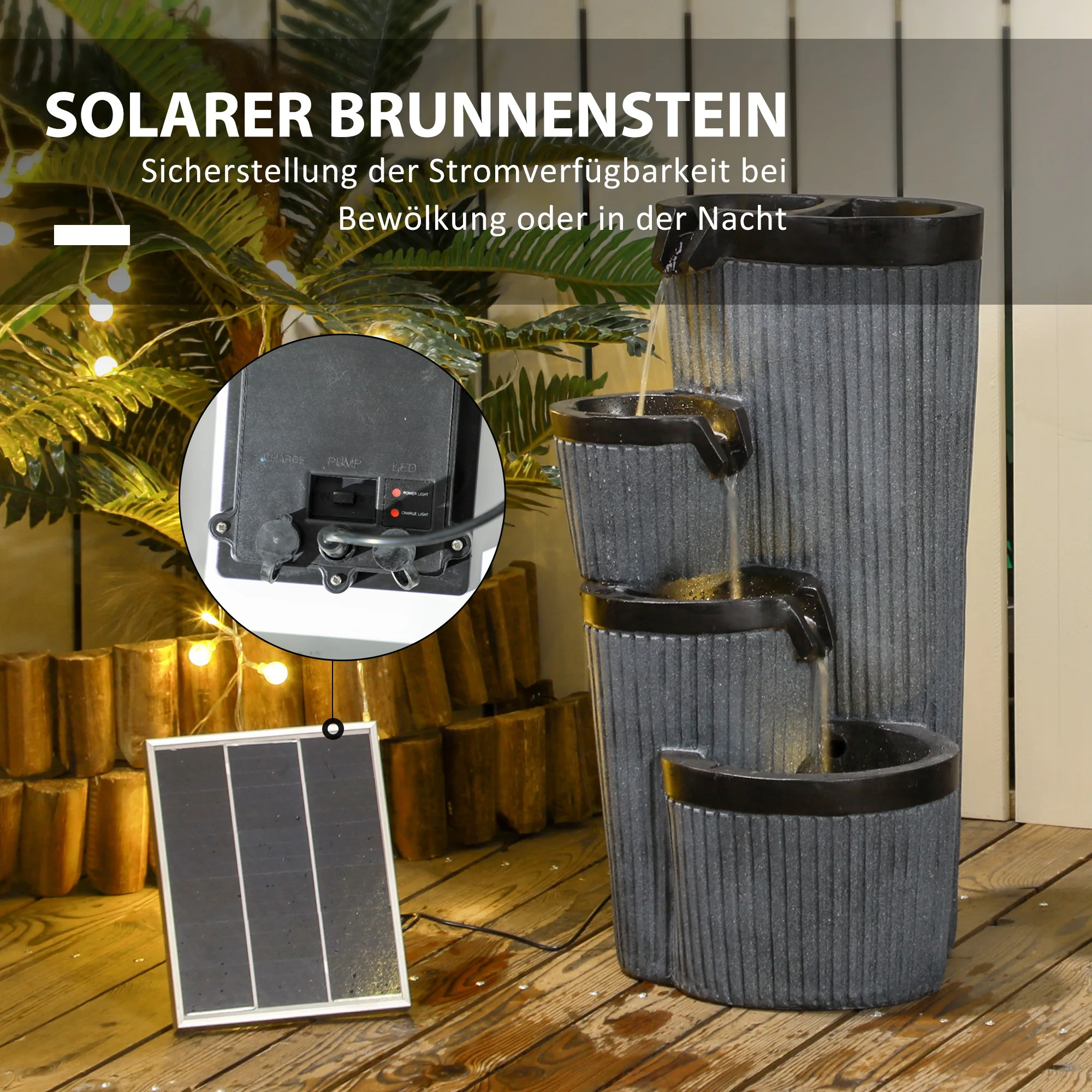 Outsunny Gartenbrunnen mit LED-Beleuchtung grau 33L x 30B x 57,5H cm