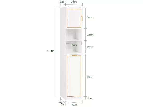 SoBuy Meuble Colonne de Salle de Bain Armoire Haute Étagère étroite de Salle de Bain Meuble de Rangement avec 2 Portes, 2 Compartiments Ouverts et 1 Panier à Linge 33x32x171 cm, BZR87-W