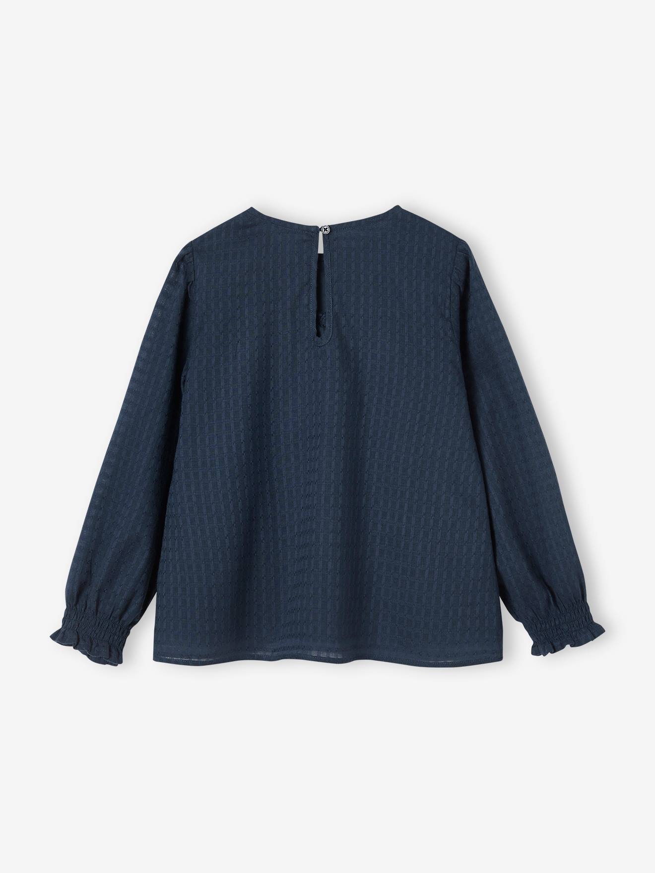 Blusa azul marinho com babados e efeito texturizado para meninas