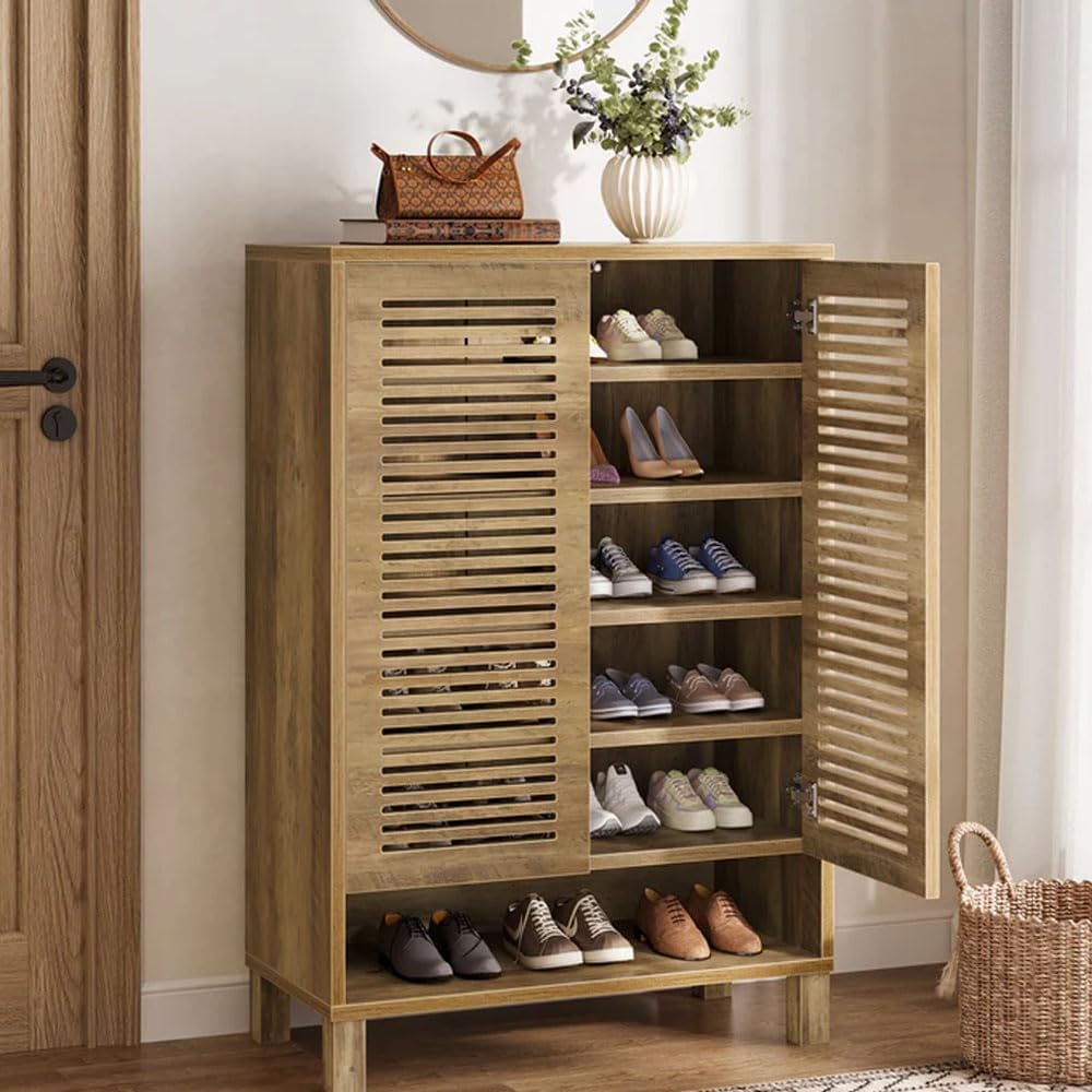 Tribesigns 6-stöckiger Schuhschrank mit 2 Shutter Türen, 73x35x109cm, 24 Paar Bauernhaus-Schuhschrank mit verstellbaren Regalen,Schuhaufbewahrung aus Holz für Eingangsbereich, Wohnzimmer, helle Eiche