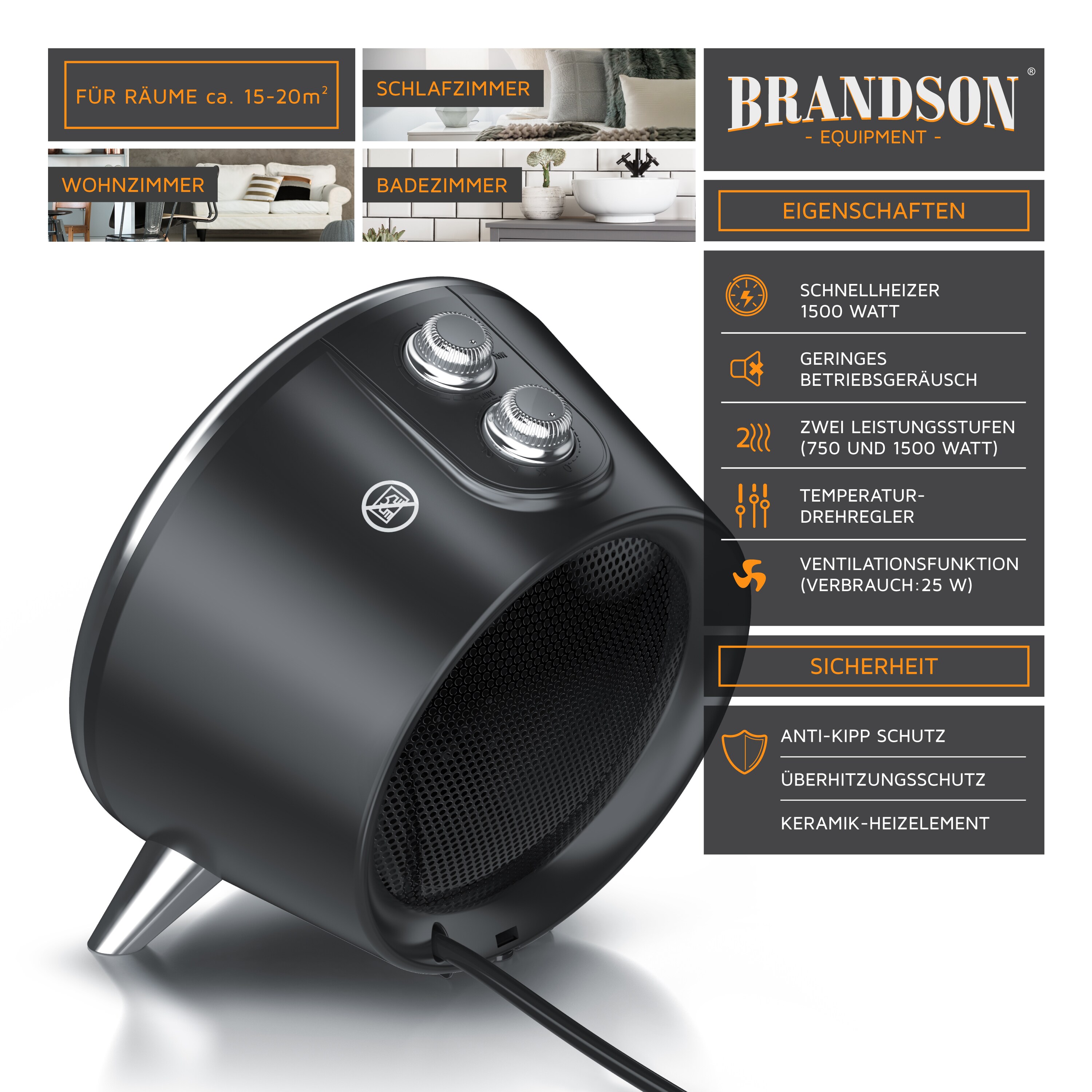 Brandson Keramikheizlüfter 1500W, Keramik Heizelement, 2 Leistungsstufen, Überhitzungsschutz, Automatische Abschaltung, Umkippschutz, energiesparend
