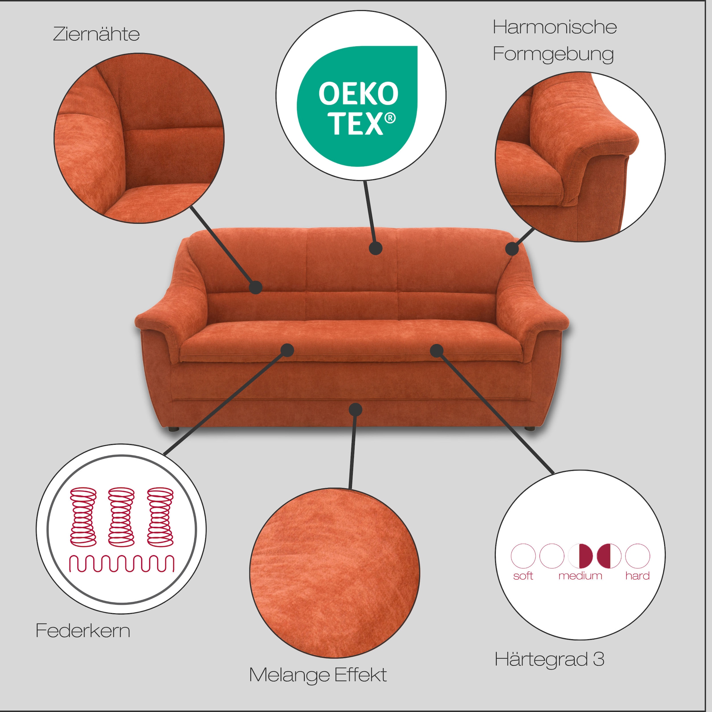 DOMO collection 3-Sitzer »Lale, zeitloses und komfortables Sofa, bequeme Armlehnen, Breite 185cm«
