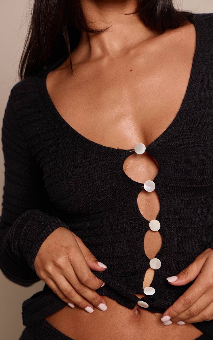 Noir Cardigan Petite En Maille Côtelée À Col V
