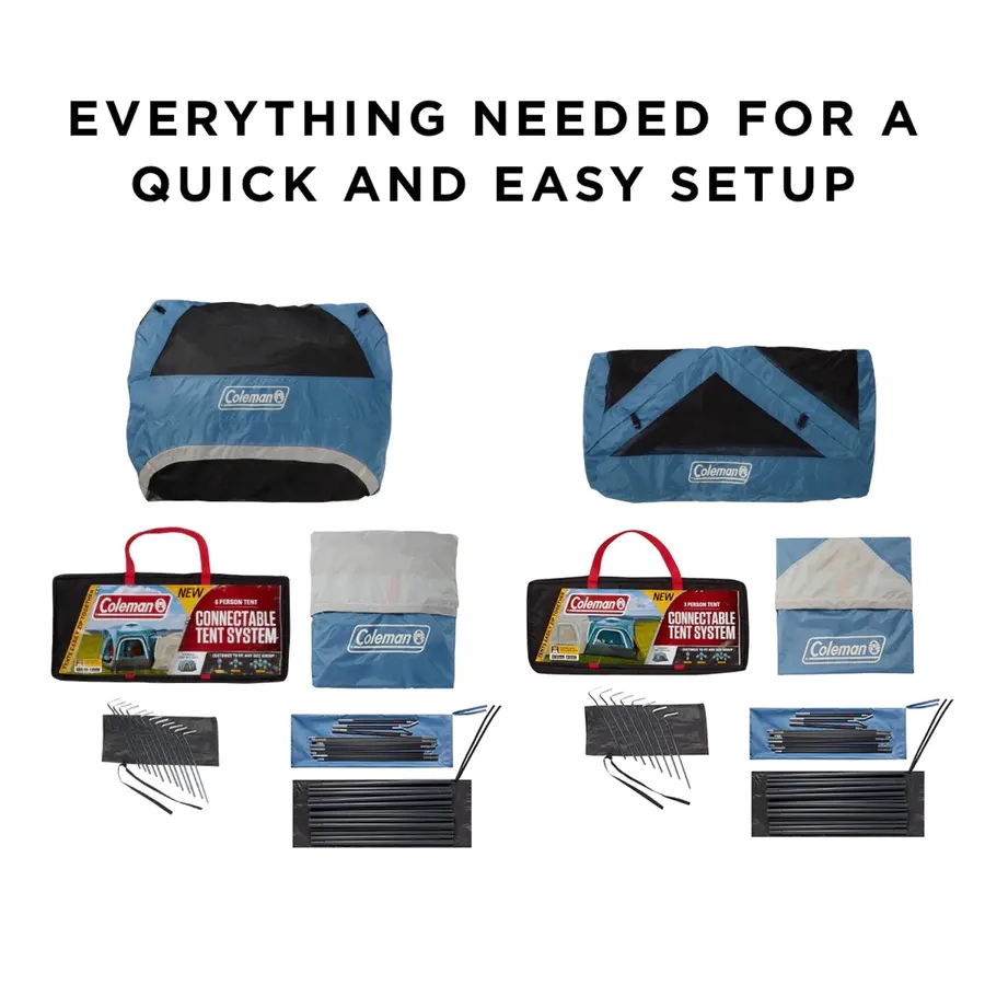 3-Person & 6-Person Connectable Tent Bundle with Fast Pitch Setup, Set of 2, Blue