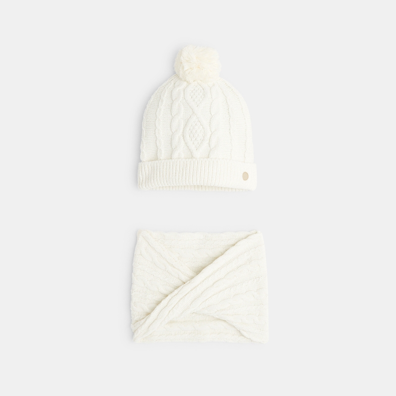 Bonnet à pompon et snood torsadés assortis blanc fille