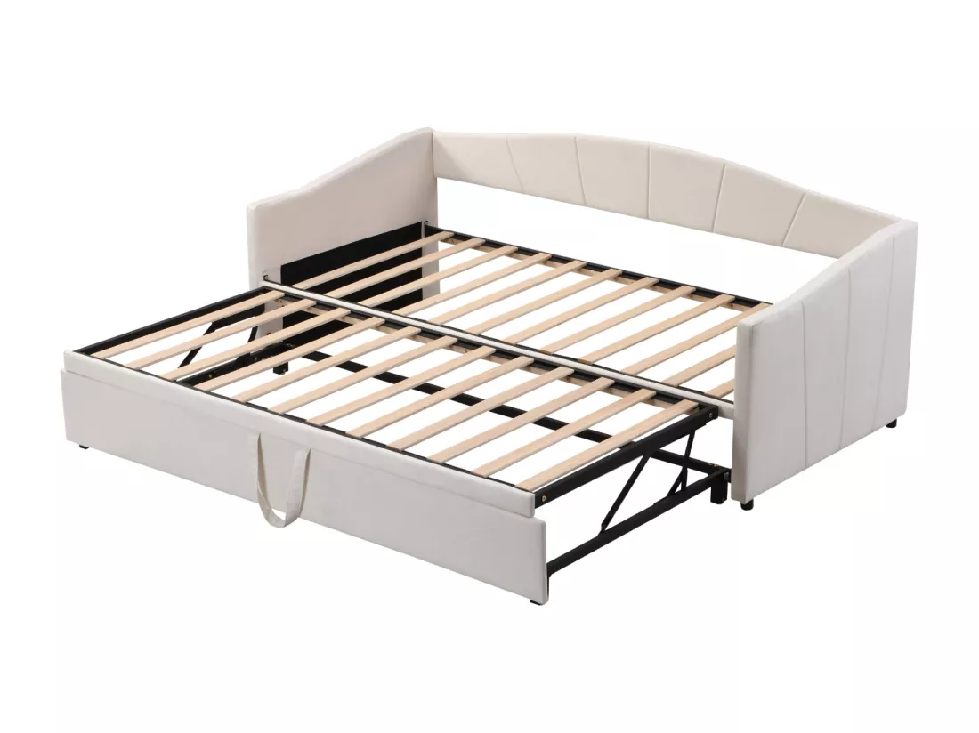 Lit gigogne 90/180x200cm, lit capitonné canapé-lit extensible avec sommiers à lattes, lit multifonctionnel en tissu velours style moderne - beige