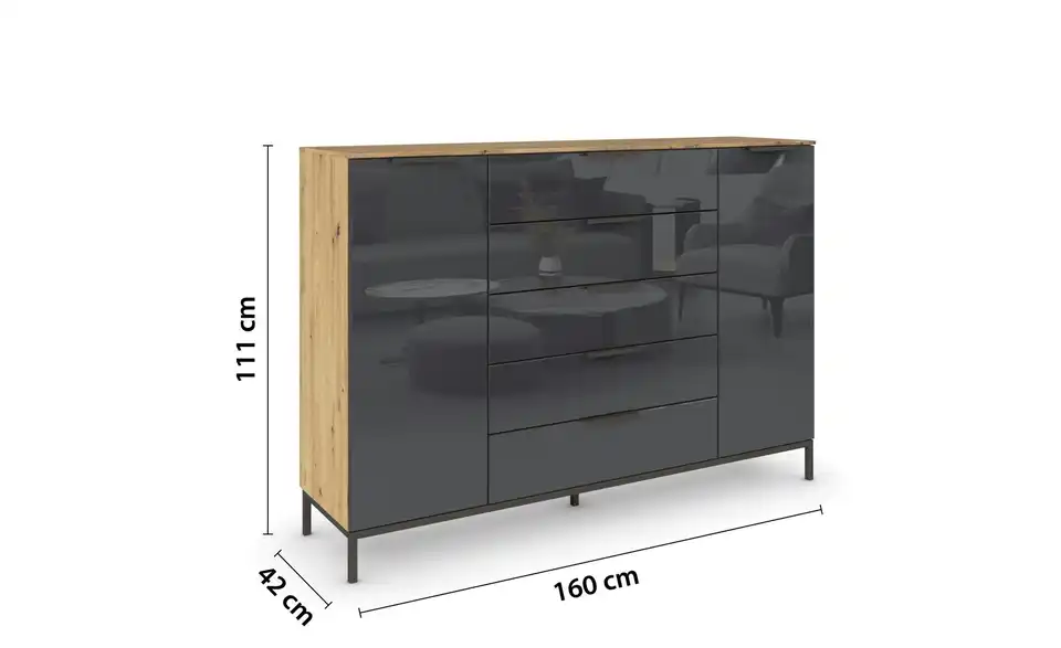 Highboard Basaltgrau, Eiche Artisan (Nachbildung) Basaltgrau, Eiche Artisan (Nachbildung) Front: Glas, Oberboden: Dekor 160 cm Graphit