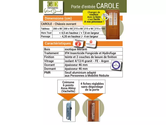 Porte D'Entrée Bois Vitrée, Carole, H,215Xl,80 P, Droit Côtes Tableau