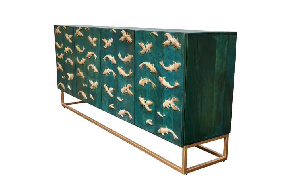 Massives Sideboard GOLDEN LAGOON 180cm türkis gold Mangoholz Metall 3D-Front