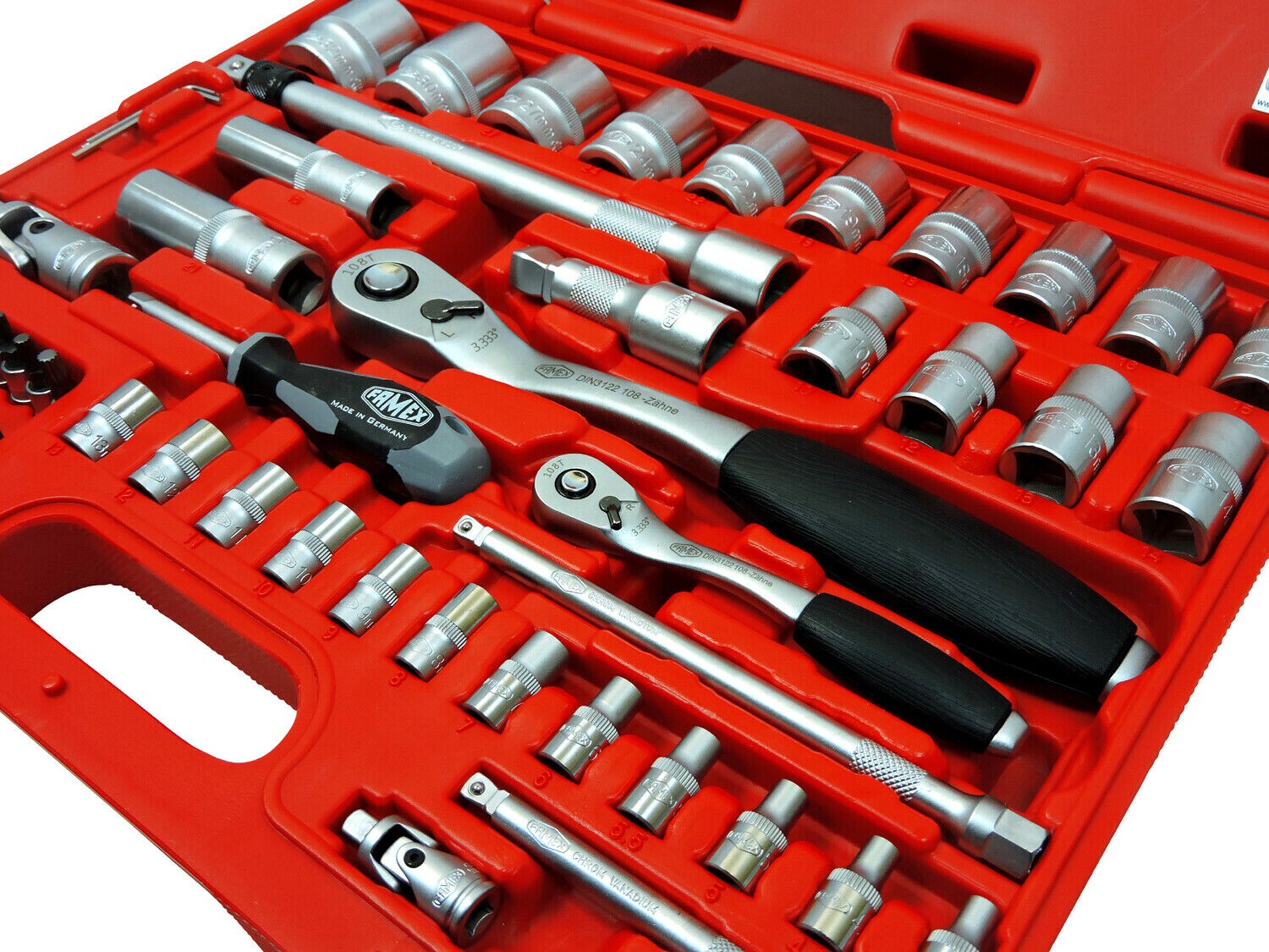 FAMEX 720-18 Mechaniker Werkzeugkoffer-Komplettset mit Top-Werkzeugbestückung und Steckschlüsselsatz