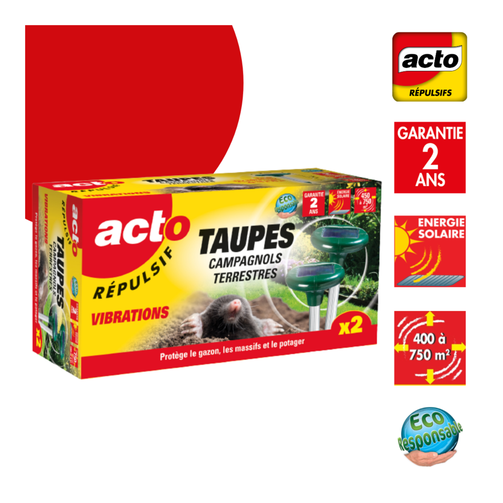 Répulsif taupes - campagnols terrestres - lot de 2 émetteurs couvrant jusqu'à 75