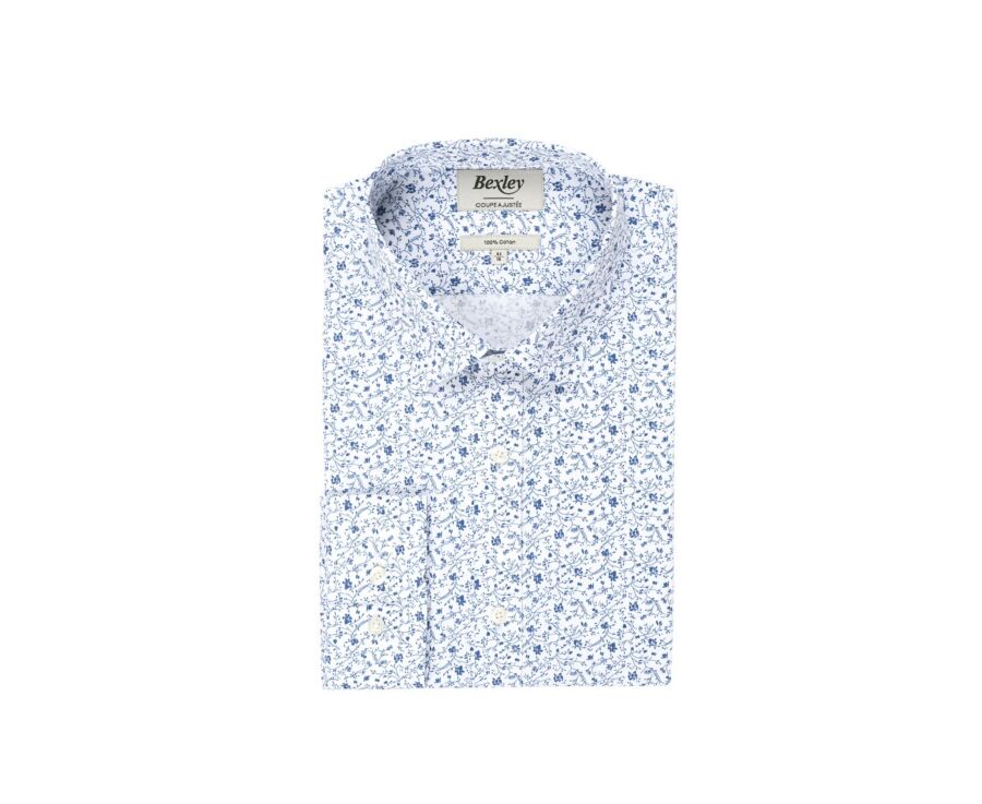 Chemise imprimée blanche à fleurs bleues - Col français - FIDÉLIAS
