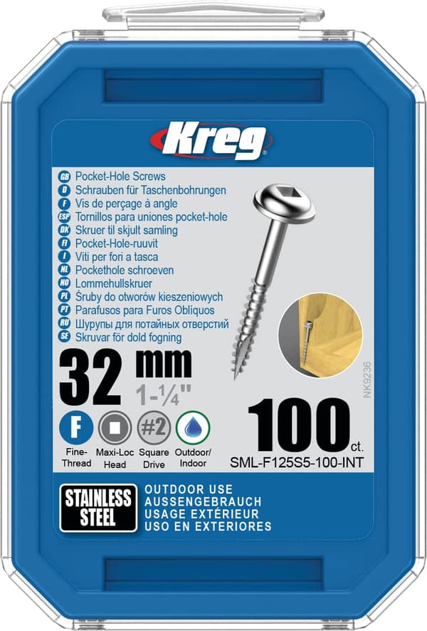 Treskru Kreg SML-F125S5; Maxi-Loc; 1,25''; 32 mm; 100 stk. rustfritt stål; fin tråd