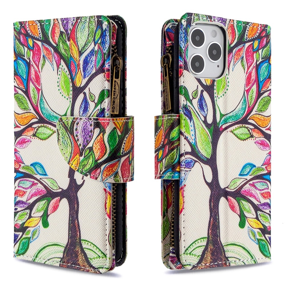iPhone 12 / iPhone 12 Pro Leder Wallet Etui Tasche mit 9 Kartenfächern   Münzfach - Blühender Baum